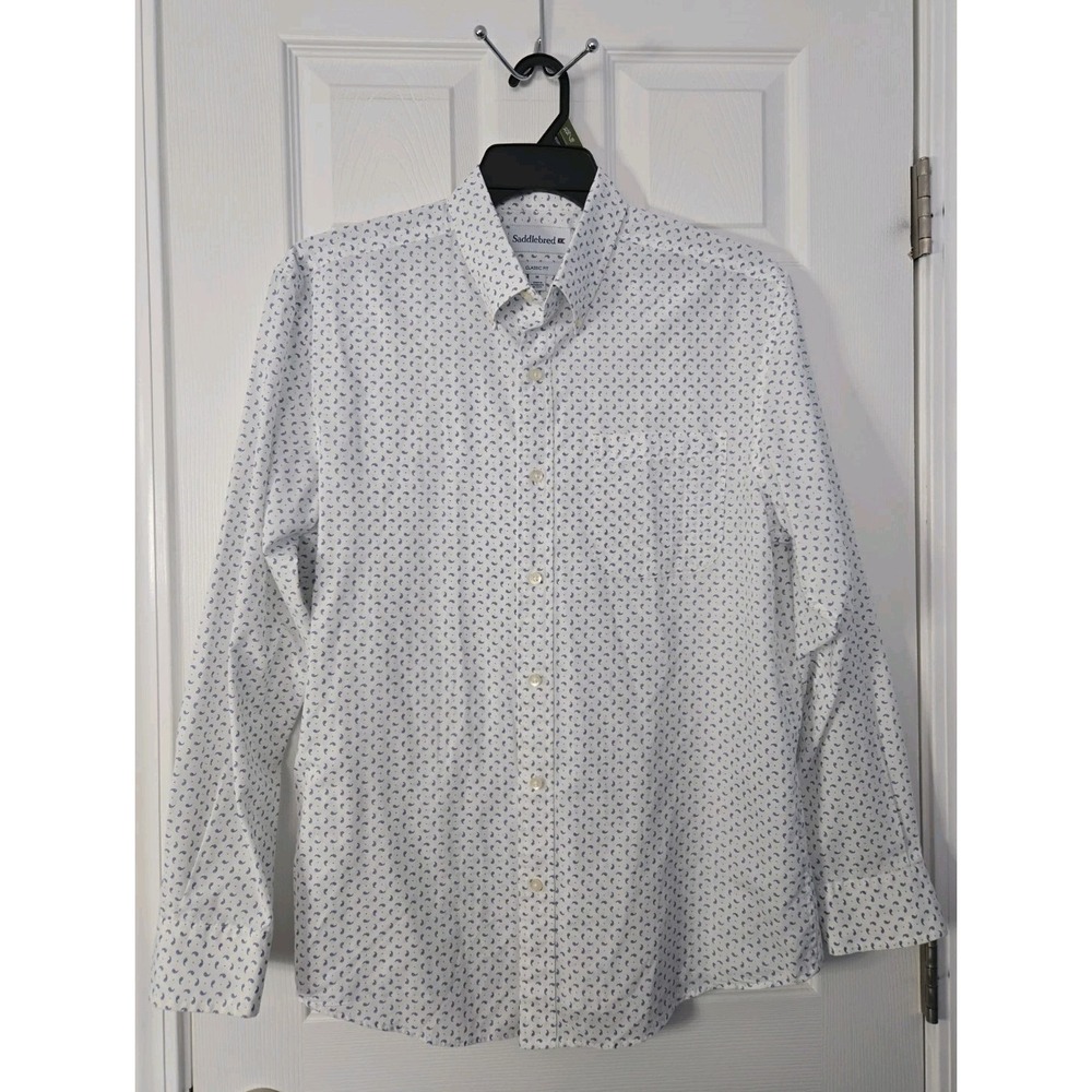 Saddlebred Traveler Shirt Mens M White Paisley Long Sleeve Button-Up Classic Fit